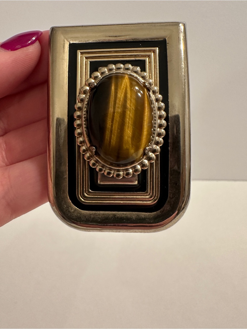 Gold-Tone Black Enamel Belt Buckle with Tiger's Eye Cabochon